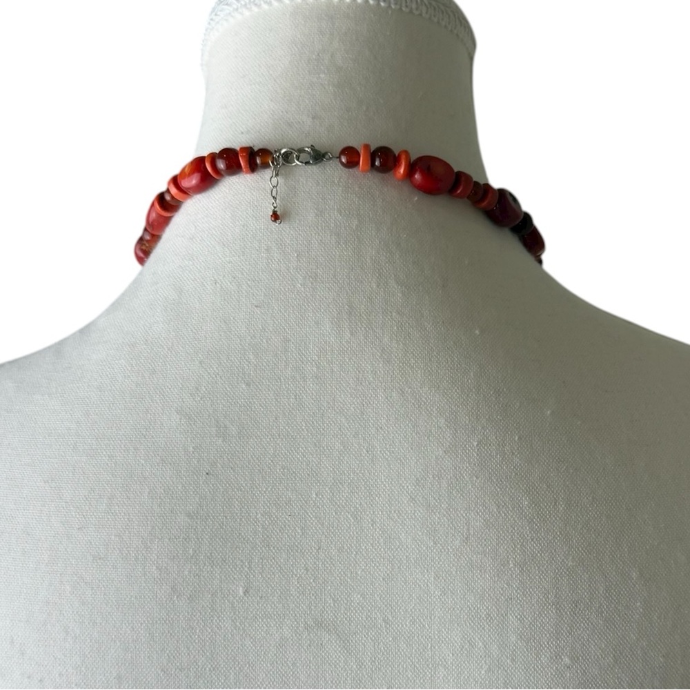 Red Beaded Statement Necklace Silver Accents 18” … - image 2